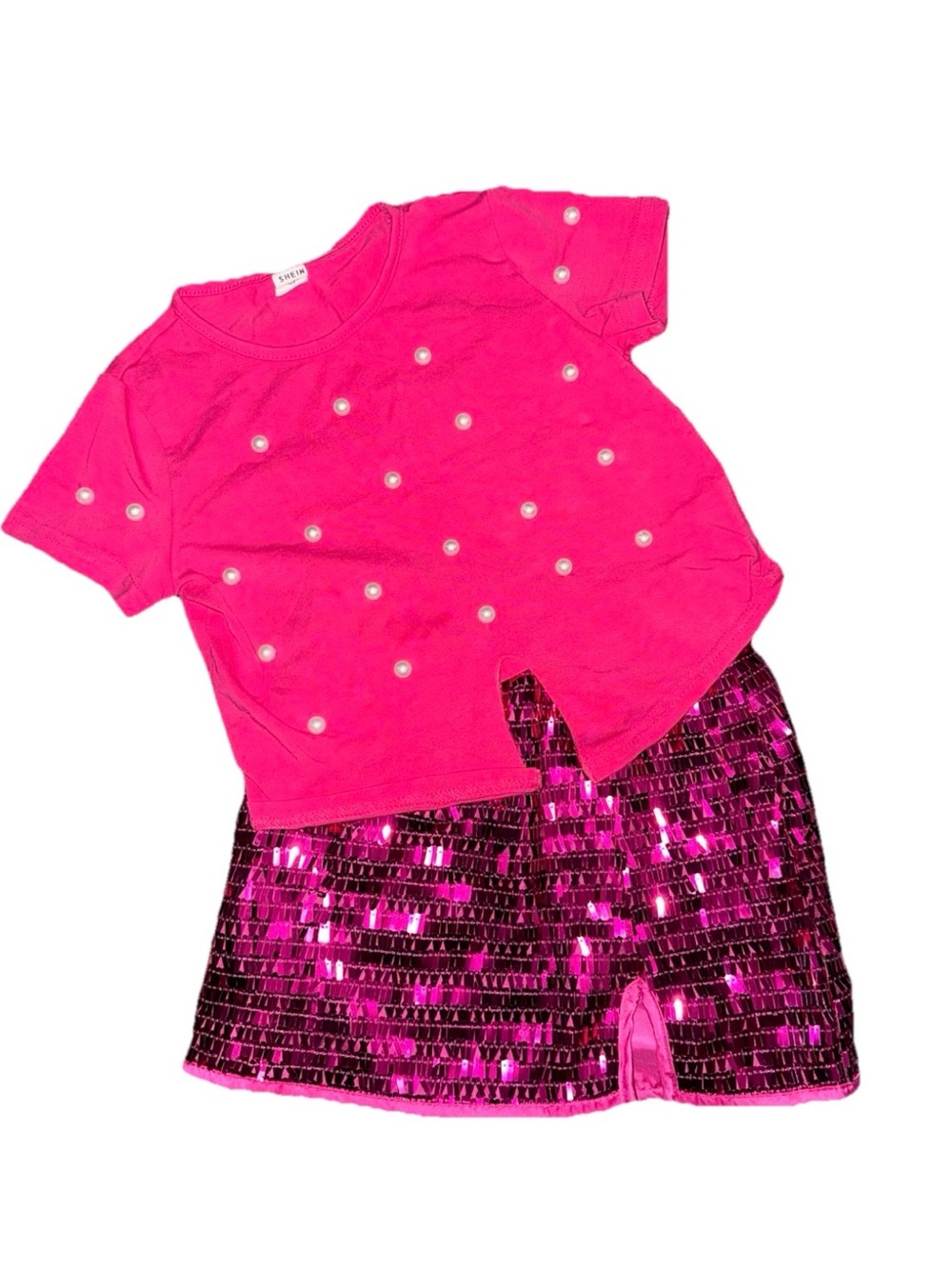 SHEIN Hot Pink Pearl Tee & Sequin Skirt Set 
size 4